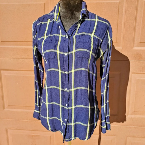 Stylus Blue White Lime Green Plaid Flannel Buttondown Top Women's Size Medium - Picture 3 of 15